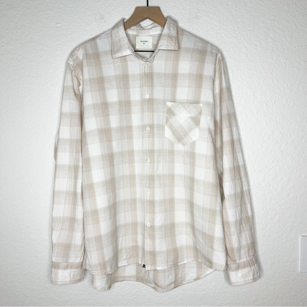 Billy Reid Standard Fit Cotton Linen Plaid Button Up Shirt White Tan size XL